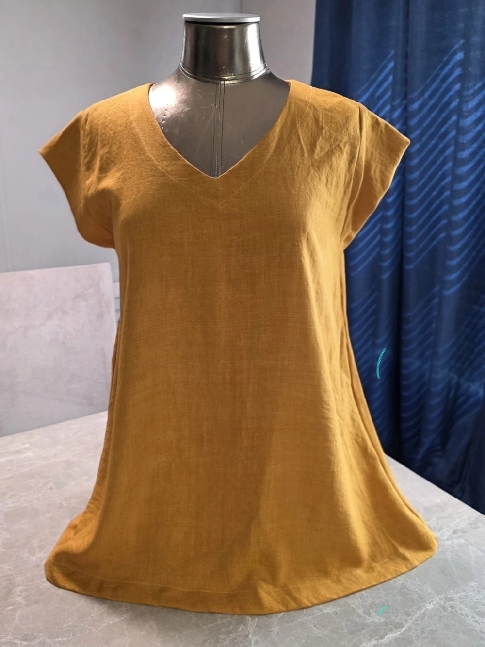 Vision USA Linen Blend Tunic Womens M Orange Mustard V-Neck Tie Back Lagenlook